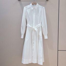 Womens Dress European Fashion brand Cotton white lapel long sleeved gathered waist shirt midi dress