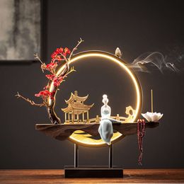 New Chinese Style Creative Decorative Decoration Backflow Office Living Room Incense Burner LED Light Ring Sandalwood Fragrance