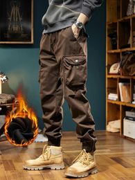 Winter Mens Cargo Pants Multi-Pockets Thicken Fleece Warm Overalls Zip Leg Slim Joggers Cotton Casual Thermal Trousers 240220