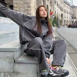 Suits Autumn Sports Twopiece Sets Women High Street Grey Sport Track Jacket +Loose Sweatpants Ladies Outdoor Joggers Tracksuit Female