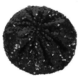 Berets Women Fashion Sparkle Sequins Beanie Hat Costume Accessories For Dance Performance (Black)