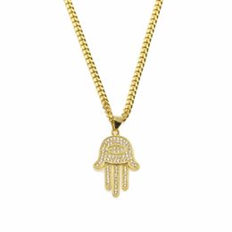 Pendant Necklaces Gold Silver Fatima Hamsa Hand Bling CZ Iced Out Charm Cuban Chain For Women Mens Hip Hop Jewelry316F