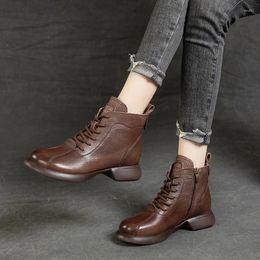 Boots Autumn And Winter Women's Leather Thick Heel Soft Bottom Cowhide Lace Up Short