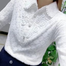 White All-match Fashion Jacquard Open Stitch Shirt Long Sleeve Polo-Neck Office Lady Chic Sexy Spring Autumn Loose Casual Blouse 240227