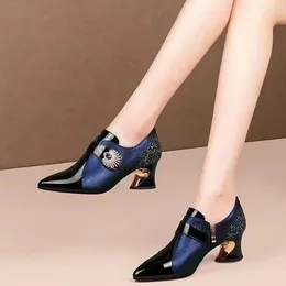 Dress Shoes Water Diamond Soft Leather Mid Heel Deep Mouth Single Sole Thick Colored Pointed Women's