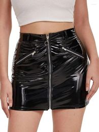Skirts S-4XL Shiny Faux PU Leather Pencil Skirt Wet Look PVC Micro Mini Skrits Zipper High Waist Faldas Tights Package Hip Minifalda