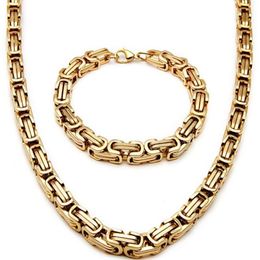 New Men 18K Gold Plated Stainless Steel Wide Byzantine Necklace Bracelet Set289j