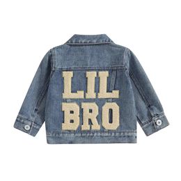 Toddler born Baby Boy Denim Jacket Embroidery Lil Big Bro Button Down Jeans Coat Outerwear Brother Matching Clothes 240220