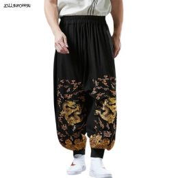 Pants Golden Dragon Embroidery Men Wide Leg Jogger Pants Elastic Waist Wide Leg Mens Loose Cotton & Linen Pants Casual Bloomers