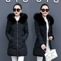 Women's Trench Coats Winter Coat Women Fur Collar Hooded Parka Slim Black White Cotton-padded Jacket Long Sleeve Thickened Warm Puffer