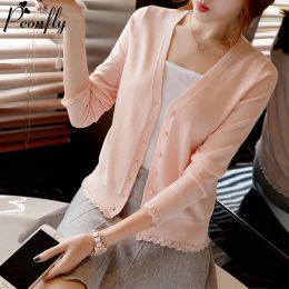 Cardigans PEONFLY Elegant Ruffle Knitted Cardigan Women Coat Solid 2020 Spring Fashion V Neck Long Sleeve Sweater Coat Tops Femme Red Pink