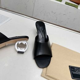 Classic High Heel Sandals Designer Slippers Fashion 100% Leather Women's Dance Shoes Sexy High Heels Suede Women's Metal Belt Buckle Thick Heels Women's Shoes Large Size