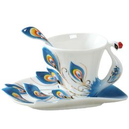 New Design Peacock Coffee Cup Ceramic Creative Mugs Bone China 3d Color Enamel Porcelain Cup With Saucer And Spoon Coffee Tea Sets238Y