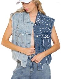 Women's Vests European Style Beading Woman Denim Jackets Sleeveless Jean Vest Spring Summer Jeans Female Vestes