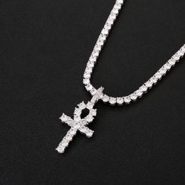 Iced Out CZ Key of Life Egypt Cross Pendant Necklace 4mm Tennis Chain SGold Silver for Men Hiphop Jewelry250t