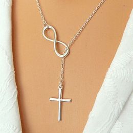 Whole-N606 Personality Infinity Cross Lariat Pendant Necklaces Silver Plated European Collares Necklace Forever Faith Necklace284O