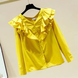 Women's Blouses Fashion V-neck Ruffle Women Shirt Elegant Long Sleeve Yellow Chiffon Blouse Autumn Korean Loose Casual Vintage Simple Tops