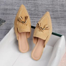 Slippers Female Shoes Fringe Rivet Pointed Toe Mules For Women 2024 Low Flat Flock Slides Rubber Basic Metal Decoration Hoof