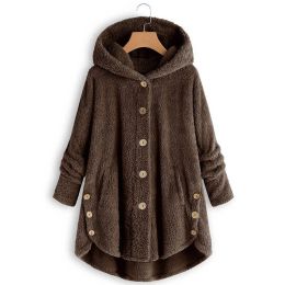 Jackets Women Plush Teddy Coat Autumn Winter Loose Warm Soft Flurry Jacket Women's Button Oversized Hooded Outwear S5XL