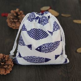 Vintage Fish Printed Linen Drawstring Bag 9x12cm 11x14cm 13x17cm pack of 50 Birthday Wedding Party Candy Sack Jewellery Gift Packagi214P