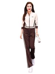 Leisure Sports Set for Women's Fall 2023 New Fashionable and Fashionable Stand Up Collar Cardigan Style Wide Leg Pants Two Piece Set