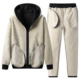 Running Sets 2024 Sport Suit Lambswool Jogging Fleece Hooded Jacket Pant Warm Fur Inside Korean Thicken Windbreak Tracksuit