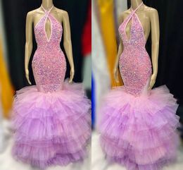 Pink Sequins Tulle Prom Dress Sexy Mermaid Halter Neck Sleeveless Open Back Tuer Ruffles Skirt Long Evening Gowns