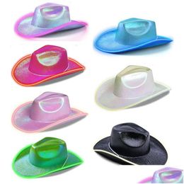 Party Hats Holographic El Wire Led Flashing Light Up Cowboy Hats Neon Sparkly Glitter Space Cowgirl Hat Fluorescent Luminous For Hallo Dhylv