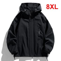 Black Camping Jacket Men Windbreak Coat Plus Size 8XL Fashion Casual Waterproof Jacket Male Solid Colour Outerwear Big Size 240220