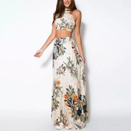 Women Dress Outfits Summer Floral Beach Backless Camisole Crop With Side Slit Skirt Halter Bandage 2 Pieces Set 240226