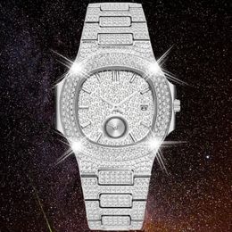 Gota completa diamante congelado relógio masculino à prova dwaterproof água prata aço inoxidável relógios de quartzo hip hop masculino relogio253v