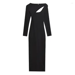 Casual Dresses Sexy Women Hollow Out Knit Long Dress Vintage Black Round Neck Female Club Party Maxi Bodycon