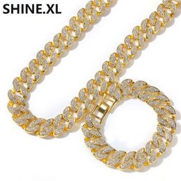 New 18K Gold Plated Full Diamonds Miami Cuban Chain Necklace Exaggerated Trend Hip Hop Men's Bracelet Necklace Set237y