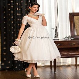 Retro 1950s vestido de casamento com mangas curtas 2024 sexy v pescoço chá comprimento uma linha vestido de noiva civil country boho vestidos de noiva macio cetim praia boêmio vestidos novia