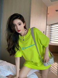 Champion Rainbow Fluorescent Green Pure Cotton Short sleeved T-shirt Womens Summer Print Loose Casual Half Sleeve Versatile T-shirt Top