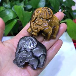 Jewellery 1 Pc Natural Stone Silver Obsidian Tiger Eye Mother And Child Elephant Handmade Carved Animal Figurine Home Decor Jewellery Gift