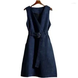 Women's Tanks Autumn Winter Corduroy Vest Skirt Women 2024 Loose Fashion Lace-Up Dress Pure Colour Waistcoat V-Neck Vestidos Female