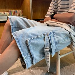 2024 Summer New Ultra thin Elastic Short Cargo Jeans Fashionable Retro Button Old Design Denim Street Clothing Cotton Commodity Short Mens A181 240227