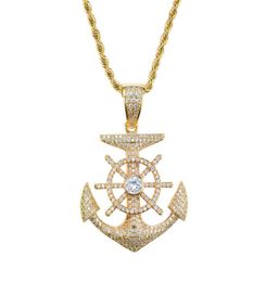 Boat Anchor Pendant Necklace Gold Plated Copper Inlaid Cubic Zirconia Pendant 60cm Stainless Steel Chain Men Accessories4188314