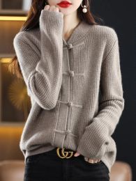 Cardigans 100% Pure Wool Cardigan Casual Knitted Halfhigh Collar Women China Knot Sweater Knitted Autumn Winter Cashmere Jacket