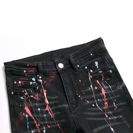 New Black Elastic Jeans with Spray Paint, Patch, and Studded Beads, Fashionable Slim Fit Leggings, Personalized Men's Clothing