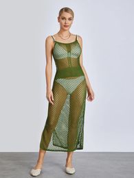 Women's Swimwear Crochet Bikini Cover Ups Spaghetti Strap Hollow Out Solid Color Up Knit Midi Dress
