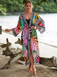 Basic Casual Dresses Bohemian Printed Plus Size Batwing Sleeve Belt Long Kimono Dresses Summer 2024 Women Loose Beachwear Swim Suit Cover Up Q1512 T240227