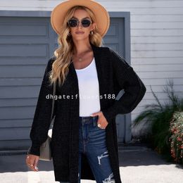 Women's Sweaters New Pullover Cuff Cardigan Sweater Women European And American Foreign Trade Solid Colour Medium Long Thick Jacket Women