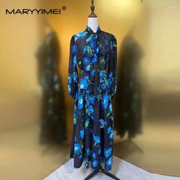 Work Dresses MARYYIMEI Vintage Silk Scarf Collar Printed High-Quality Shirt Cotton Blue Flower Skirt Two-Piece Set