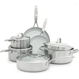 Cookware Sets Tri-Ply Stainless Steel Healthy Ceramic Nonstick 10 Piece Pots And Pans Set PFAS-Free Multi Clad Induction
