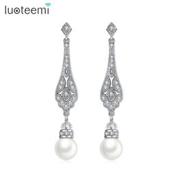 LUOTEEMI Imitation Drop Pearl Earrings for Women Long Tassel Water Drop Bridal Earring Cubic Zirconia Elegant Girl Accessories 240220