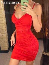 Basic Casual Dresses XS - L Sexy Ruched Pleated V Neck Sling Dress Short Club Lady Elegant Summer Bodycon Dress Evening Party Tight Mini Dress VD007 T240227