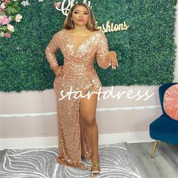 Shine Rose Gold Prom Dresses With Slit Sparkly V Neck Sequin Evening Dress Long Sleeve Black Girls Formal Dress Glitter Special Occasion Party vestidos de fiesta