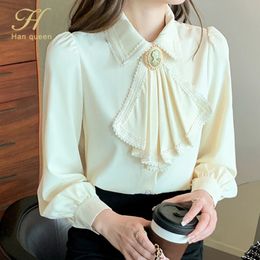 H Han Queen Spring Basic Shirt Women Blouses Vintage Work Casual Tops Chiffon Blouse Korean Design Long Sleeve Loose Shirts 240227